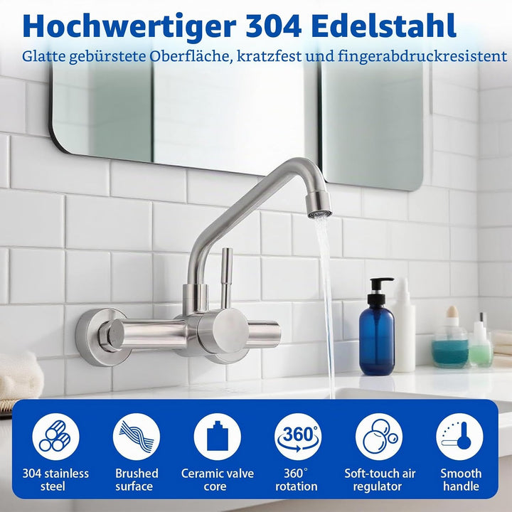 Wasserhahn Wandmontage, 360° Drehbare Wasserhahn Küche, Einhebelmischer aus Edelstahl 304, Kaltes un