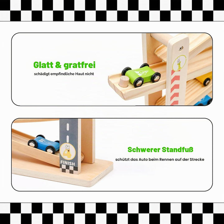 Holz Kugelbahn Autorennbahn mit 4 Autos Zick-Zack-Autorutsche Autorennbahn Holz Spielzeug Rennbahn L