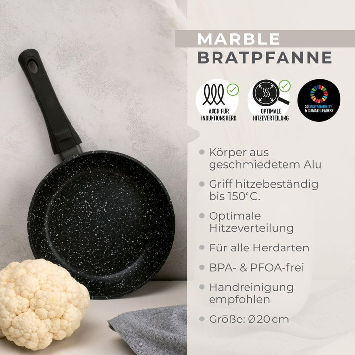 Fackelmann Bratpfanne Marble 20 cm, Antihaft-Pfanne aus 90% recyceltem Aluminium mit ergonomischem K