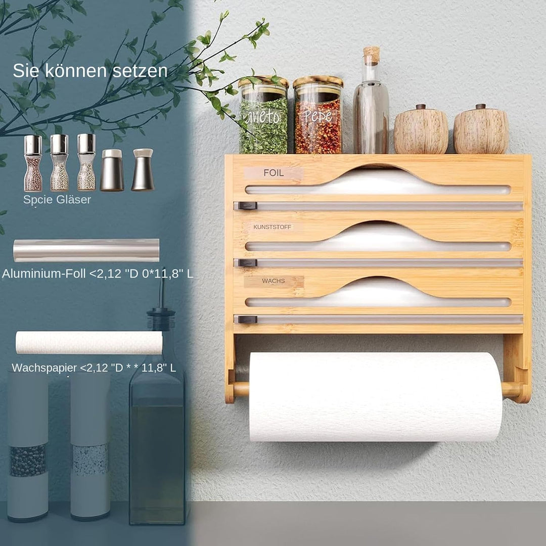 Reusable wrap organizer with cutter‑13.98×11.61×2.76inches wooden kitchen storage holder, fits rolls