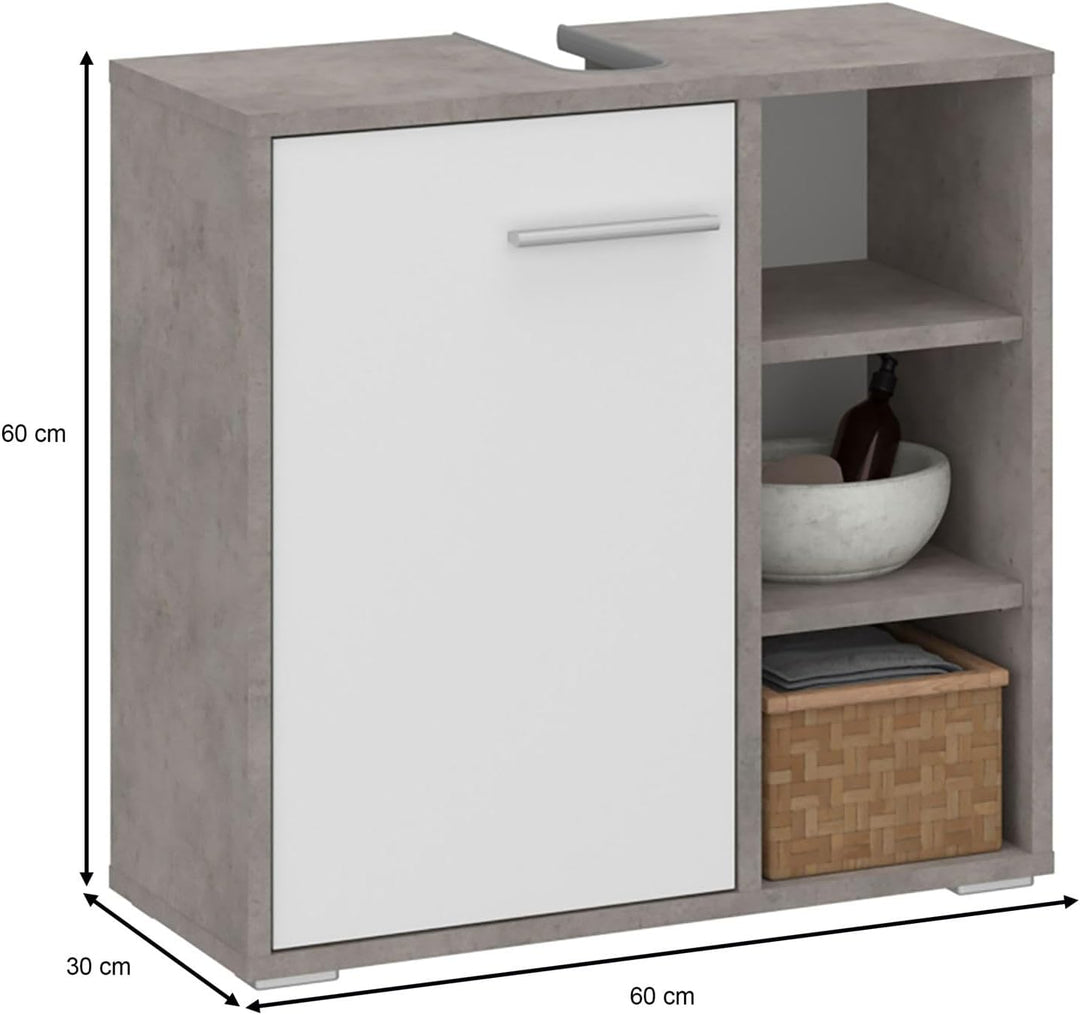 Waschbeckenunterschrank ORNA Betonoptik/weiss mit 1 Tür und 3 offenen Fächern, Waschbeckenschrank au