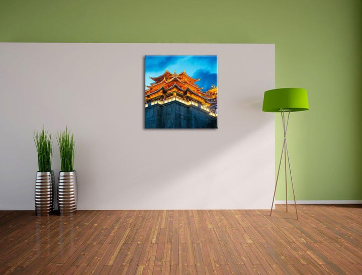 Pixxprint Leuchtender Tempel in China, Format: 70x70 auf Leinwand, 70x70