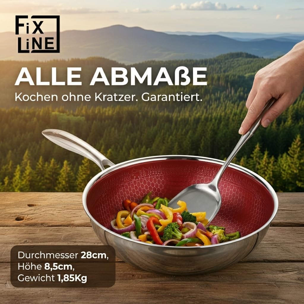 FIXLINE® Black Forest Wokpfanne 28cm - RED Edition - kratzfeste Beschichtung - alle Herdarten inkl.