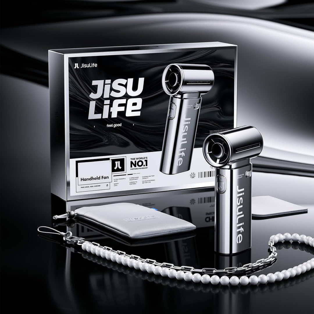 JISULIFE Tragbarer Handventilator, Turbo-Power [18 Stunden Maximale], 5-Gang-Wind, 5000 mAh wiederau