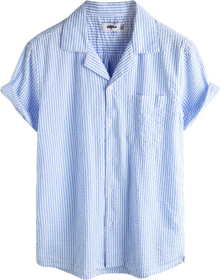 VATPAVE Herren Gestreifte Sommerhemd Casual Button Down Kurzarm Strand HawaiiHemd S Hellblau, S Hell