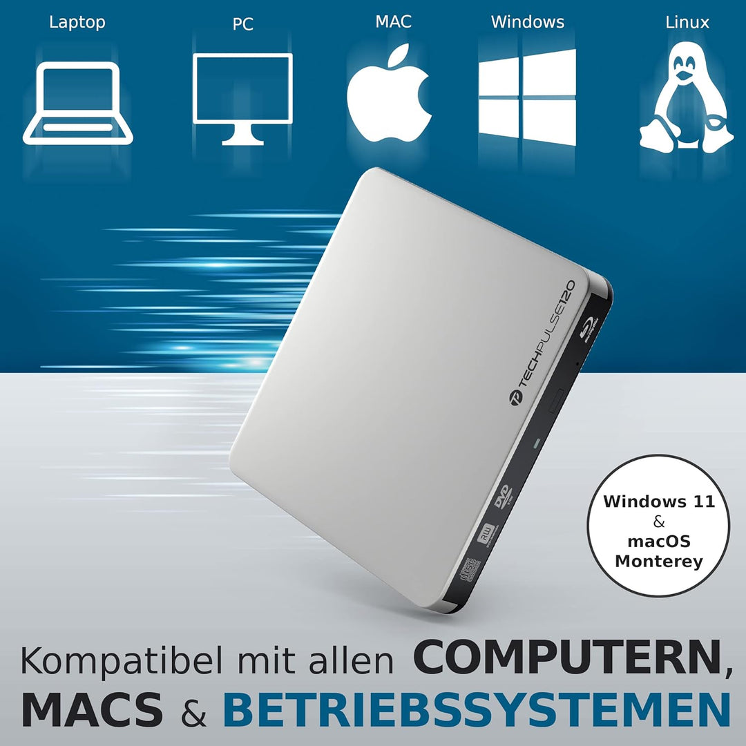 techPulse120 USB 3.0 Externer Blu-Ray Brenner Burner Superdrive portable Blueray Rom Laufwerk BD DVD