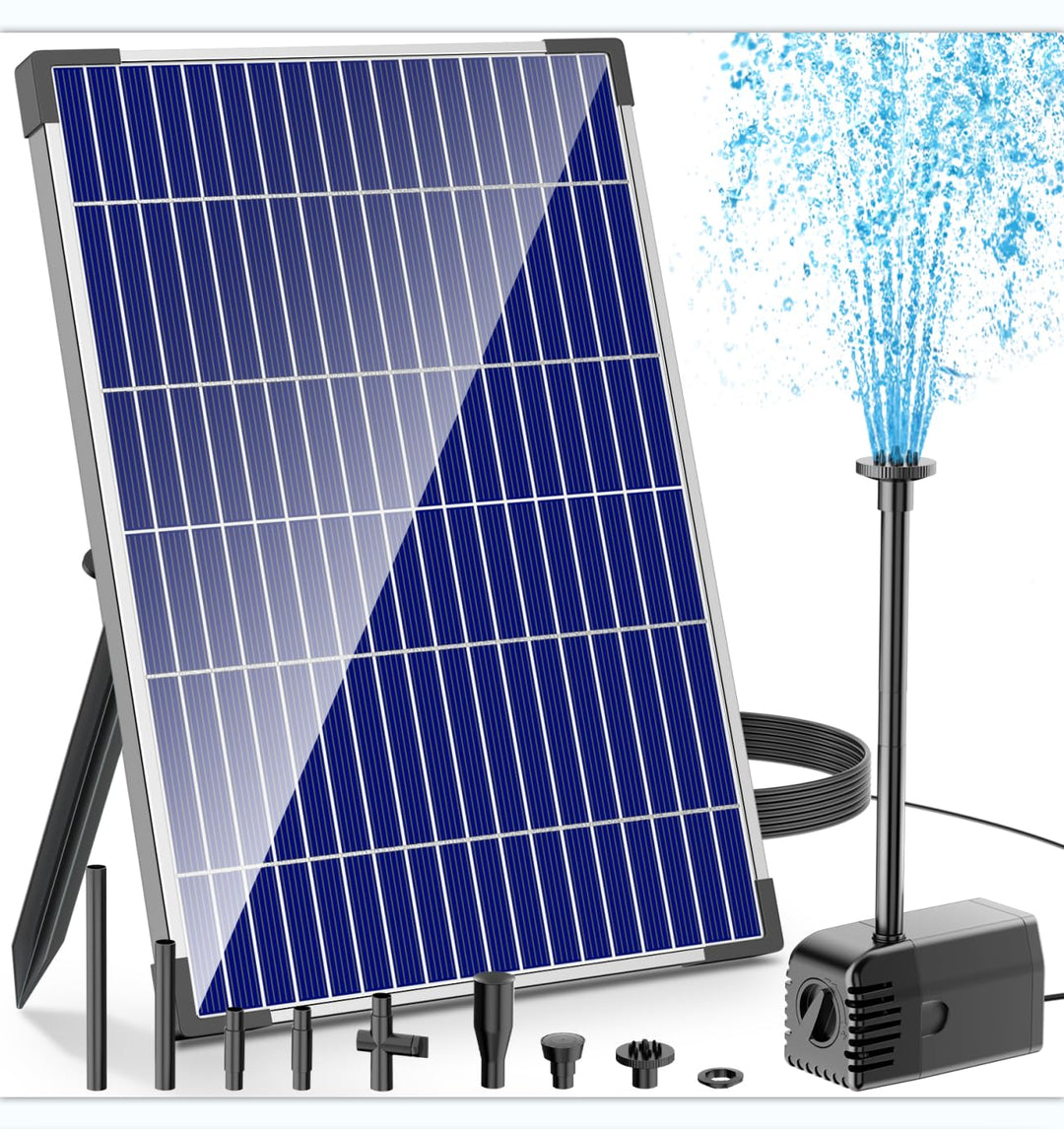 Biling Solar Springbrunnen für Aussen, 12W Solar Teichpumpe 605L/H Leise mit 4 Düsen und Schlauch, S