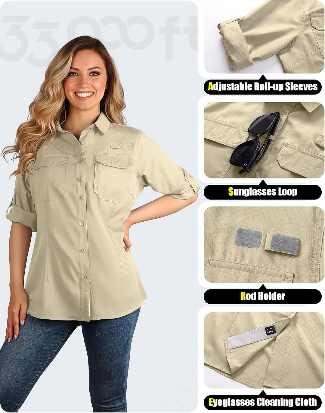 33,000ft Hemdbluse Damen UPF50 UV Schutz Hemd Schnelltrocknende Button-Down Shirts Atmungsaktive Wan