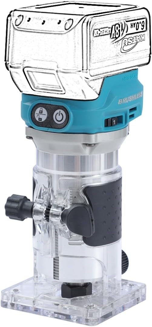 KATSU FIT-BAT 18V/21V Brushless Akku-Oberfräse Holzfräse Kantenfräse mit Trimmer-Basis, 3 Spannzange