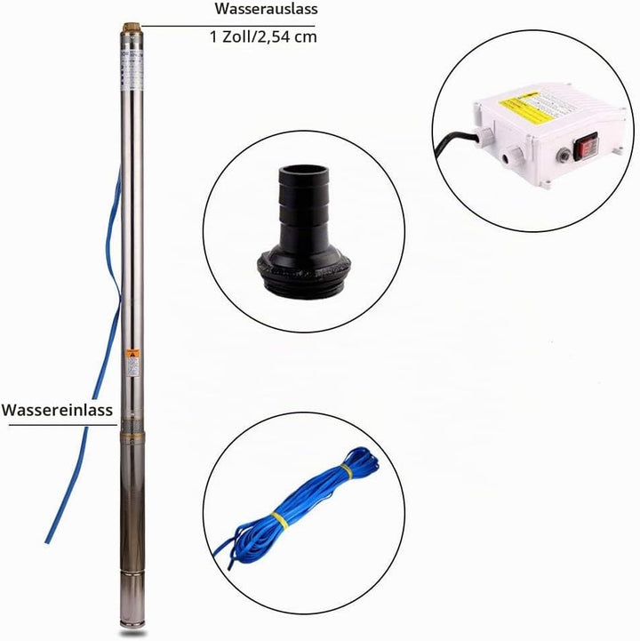 Edelstahl Tiefbrunnenpumpe Tauchpumpe 2.5 Zoll, 370W, 2800 L/H Garten/bewässerung oder Heimgebrauch