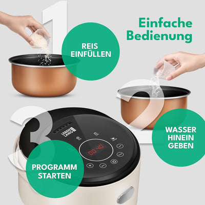 LEBENLANG Elektrischer Reiskocher Digital mit Warmhaltefunktion - Inkl. Timer & Messbecher und Reisl