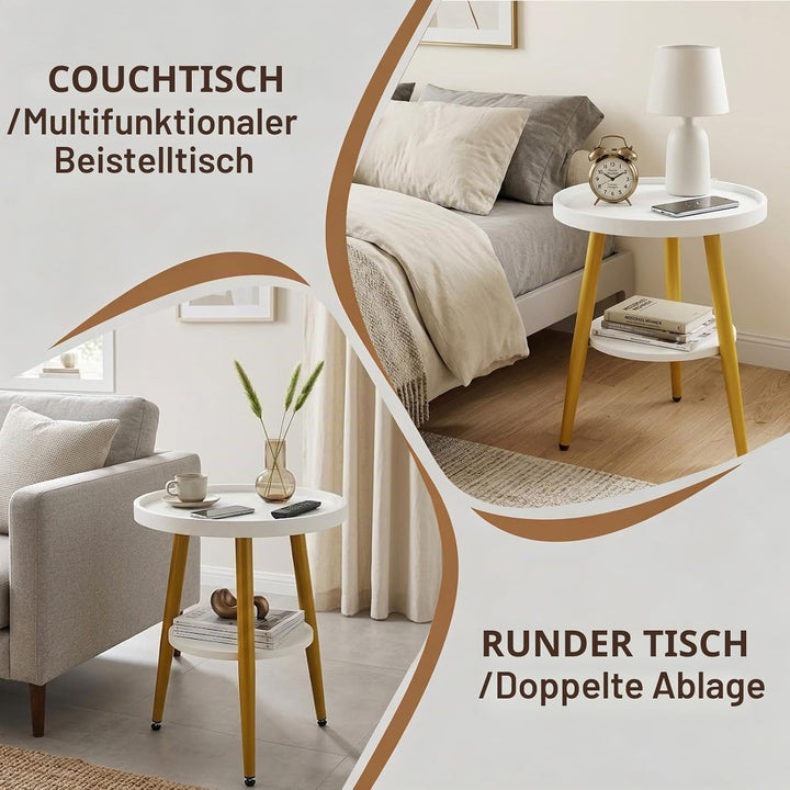 Beistelltisch Rund Holz | Runder Beistelltische Wohnzimmer | Couchtisch Klein mit Unterem Ablage | S