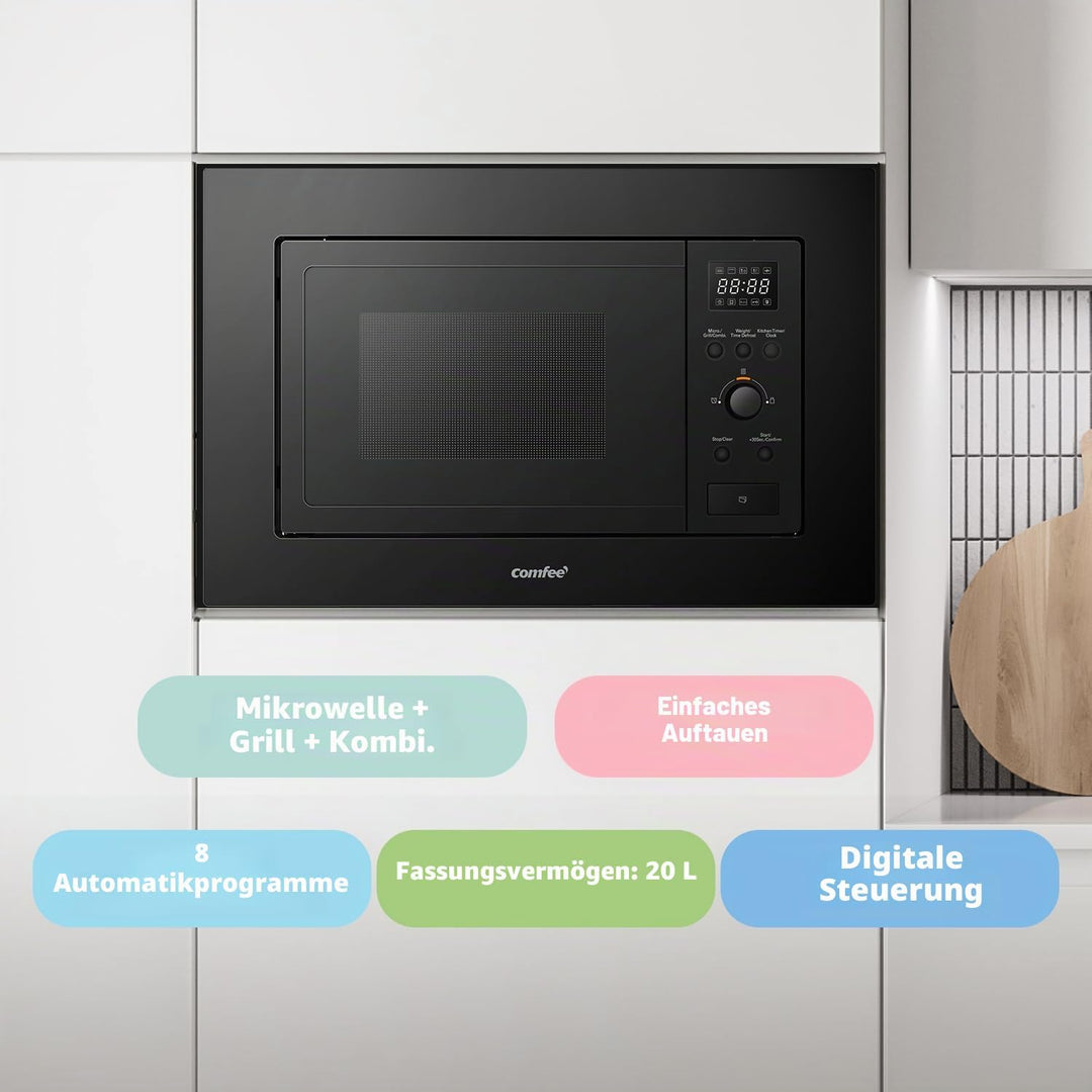 COMFEE' Digitaler Einbau-Mikrowelle, 20 Liter, 800 W, Grill, 5 Leistungsstufen, 8 automatische Menüs