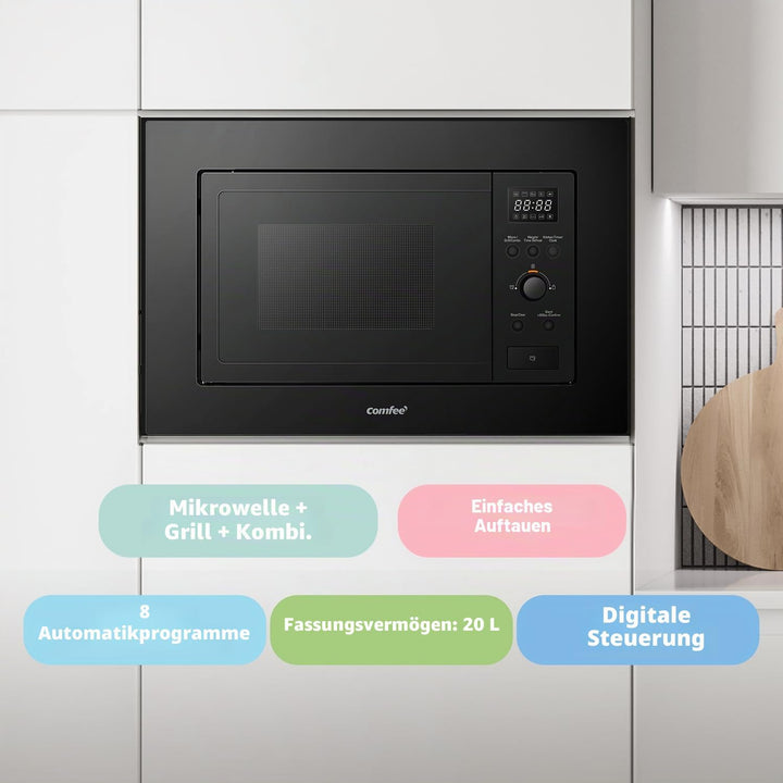 COMFEE' Digitaler Einbau-Mikrowelle, 20 Liter, 800 W, Grill, 5 Leistungsstufen, 8 automatische Menüs