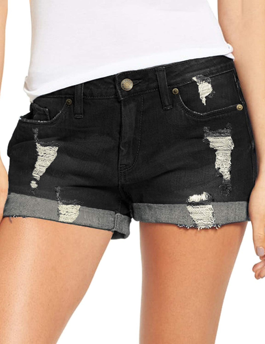 Necooer Damen Casual Ripped Denim Shorts Mittlere Taille Kurze Jeanshose mit Taschen S Schwarz, S Sc