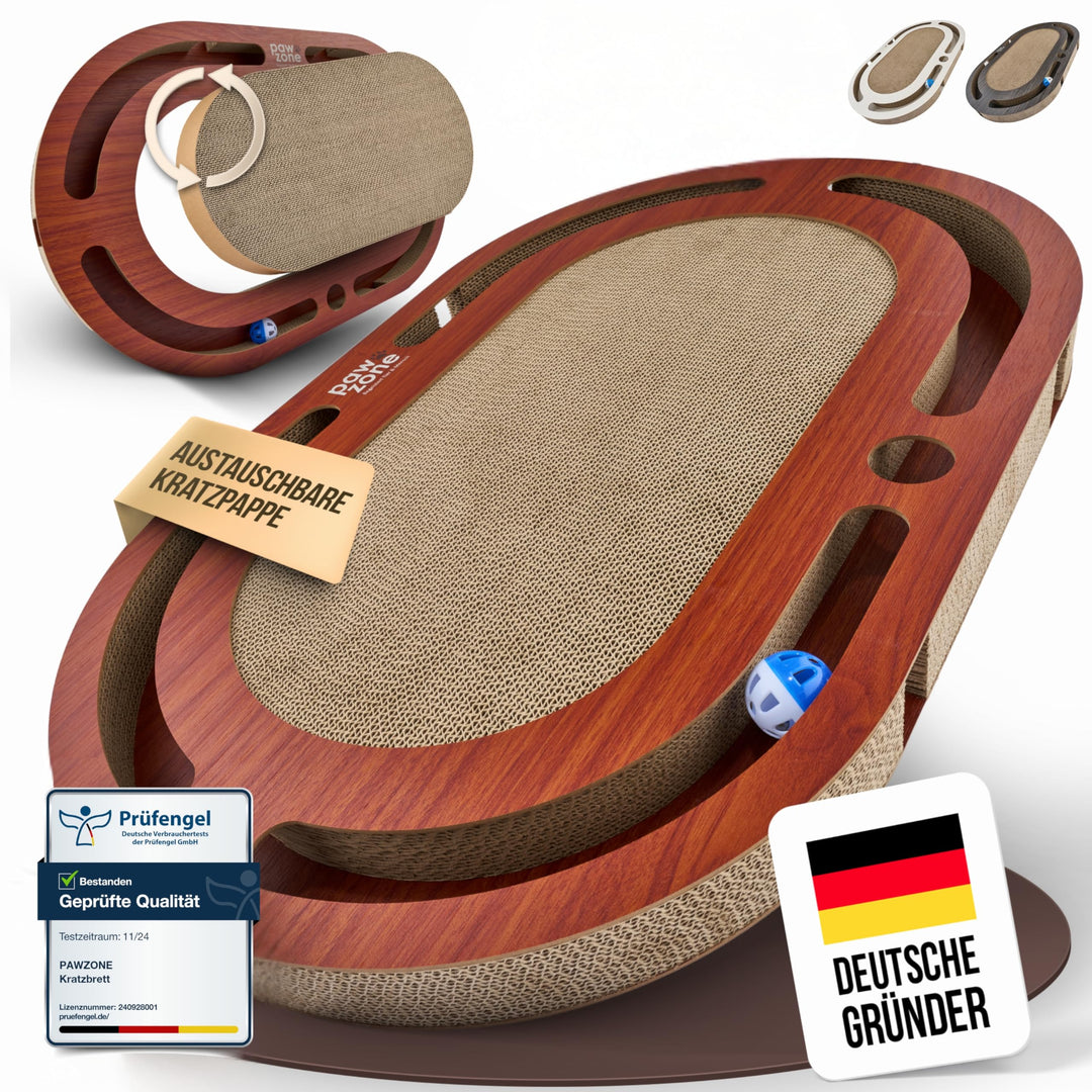 PAWZONE Kratzbrett [72x45 cm] beidseitig nutzbar + Pappe austauschbar [inkl. Katzenspielzeug] hochwe