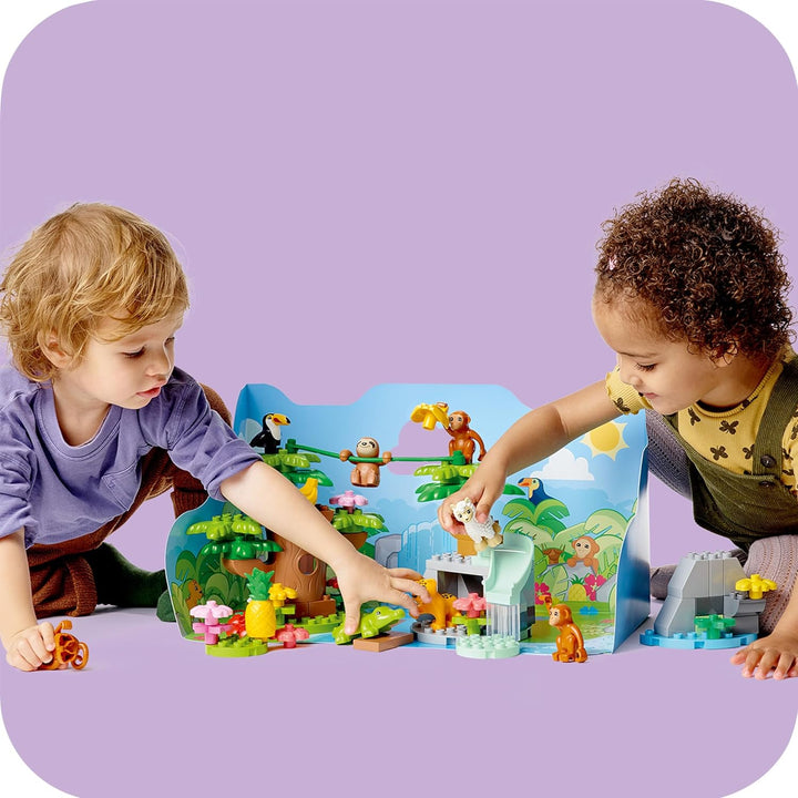 LEGO 10973 DUPLO Wilde Tiere Südamerikas Spielzeug-Set mit 7 Tierfiguren, Steine und Dschungel-Spiel