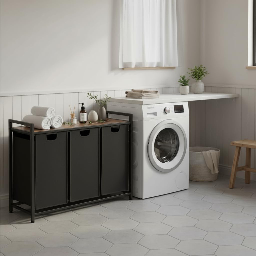 AMHANCIBLE Wäschekorb 3 Fächer 114L Braun, 114L Braun