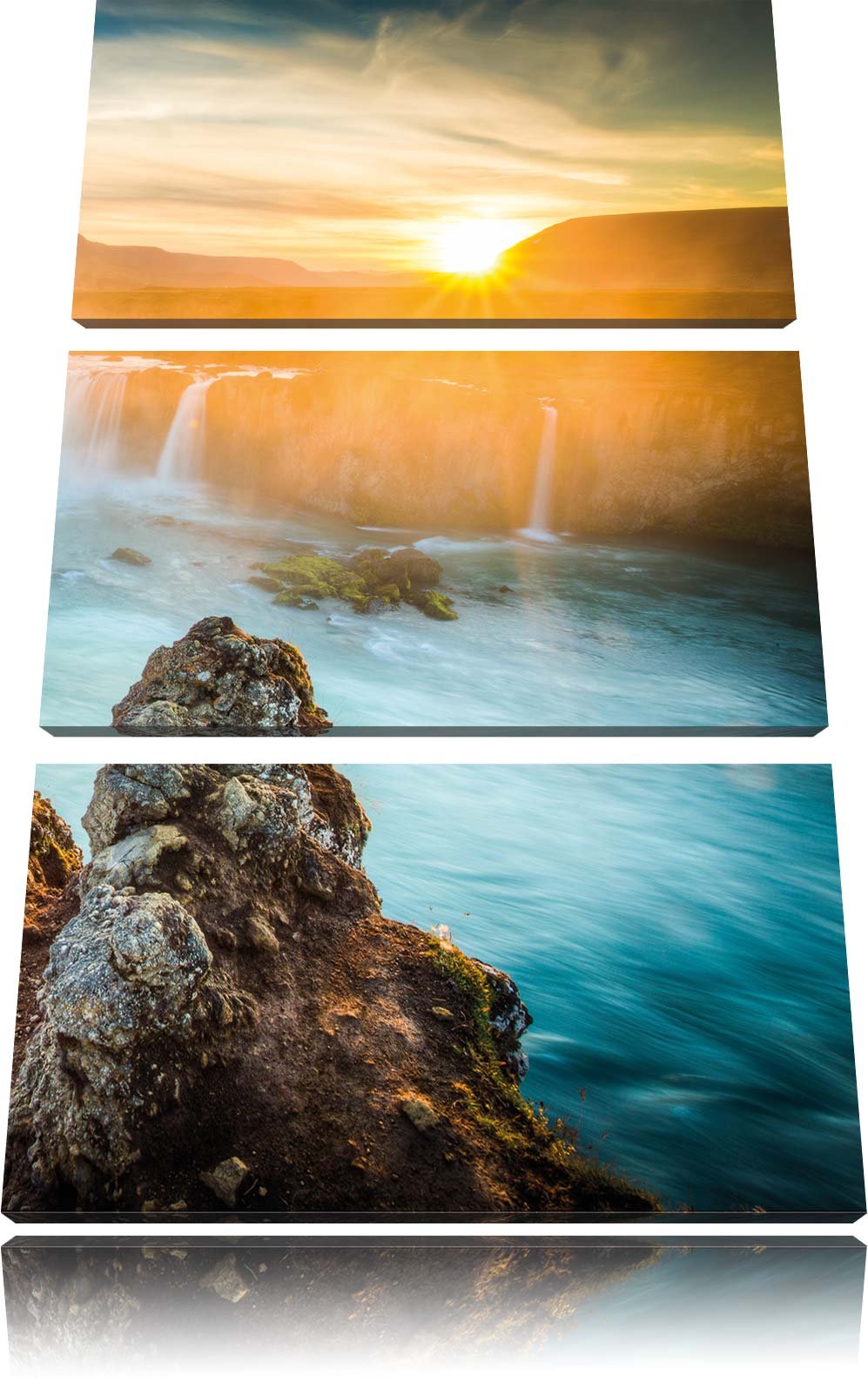 Pixxprint Wasserfall im Sonnenuntergang 3-Teiler Leinwandbild 120x80 Bild auf Leinwand