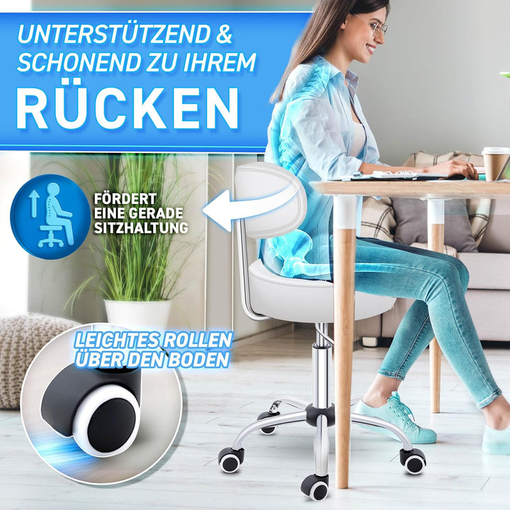 TRESKO® Rollhocker mit Lehne Weiss | Arbeitshocker höhenverstellbar 46-58 cm | Drehhocker mit Rollen