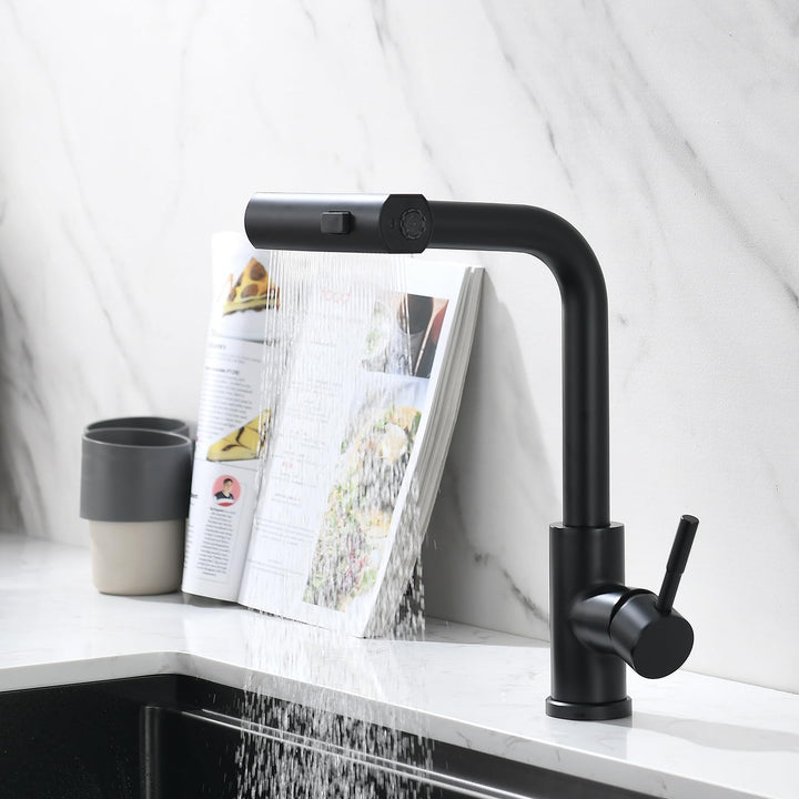 AIMADI Küchenarmatur ausziehbar Schwarz, Wasserhahn Küche mit 3-Wege-Duschbrause & 38cm Schlauch, Ei
