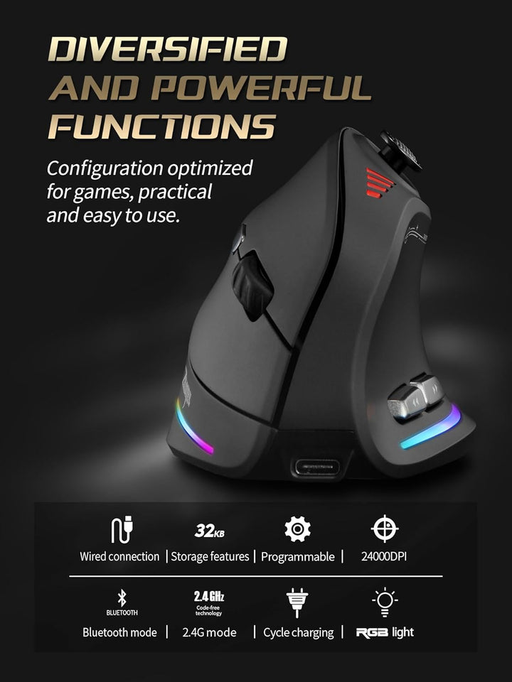 Kabellose Ergonomische Maus mit Joystick, vertikale Bluetooth-Gaming-Maus, 12 programmierbare Tasten