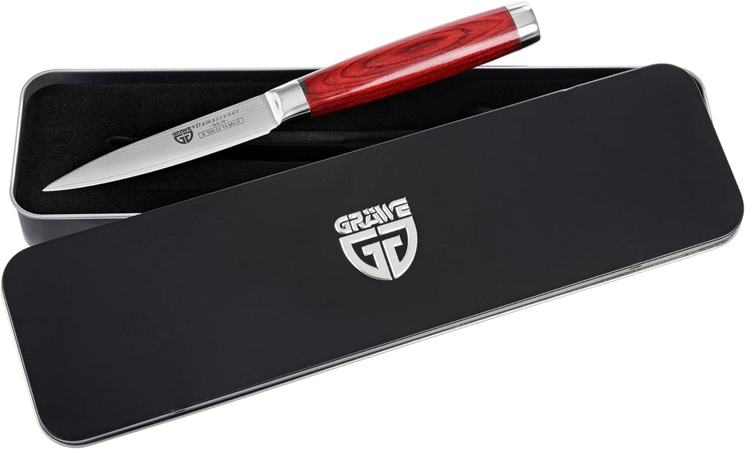 GRÄWE Damaszener Gemüsemesser, 10 cm Klinge, scharf, mit Holzgriff, Damast Küchenmesser in Geschenkb
