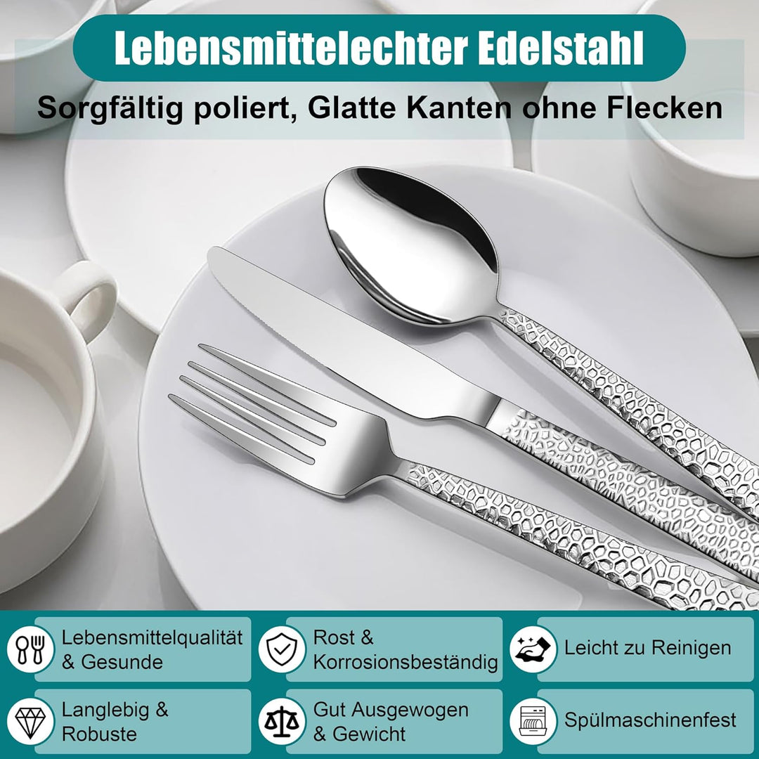 TEAMFAR Besteck Set, 30-teilig Edelstahl poliert Besteckset für 6 Personen, Gehämmertes Essbesteck f