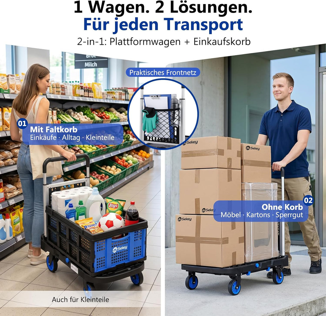 Sekey Plattformwagen klappbar bis 137kg Geprüfte Tragkraft – 2-in-1 Transporthilfe & Rollwagen mit a