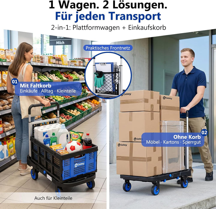 Sekey Plattformwagen klappbar bis 137kg Geprüfte Tragkraft – 2-in-1 Transporthilfe & Rollwagen mit a