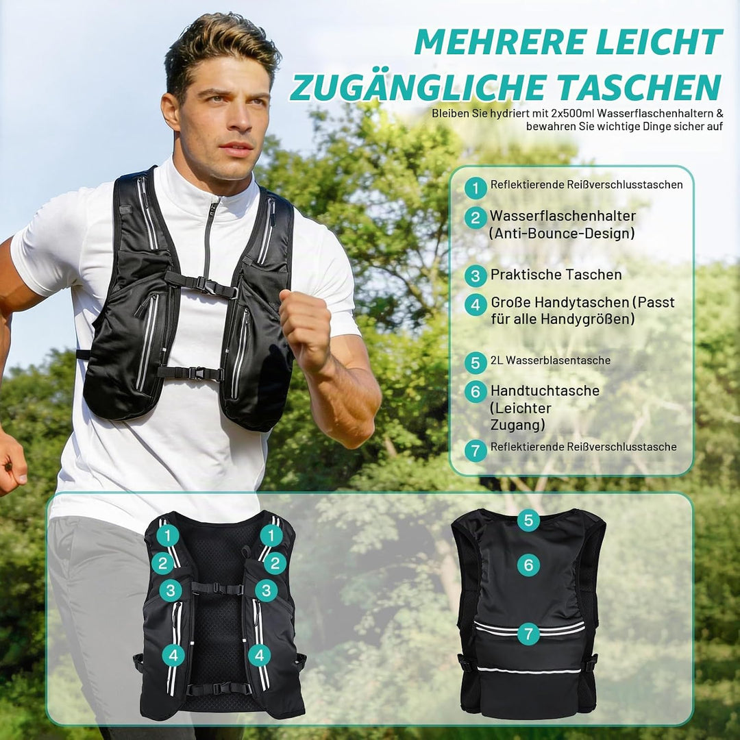Nextyu Laufweste Damen &amp; Herren, Trinkrucksack mit 2 500ML Trinkflaschenfächern &amp; Grosse Handytasche