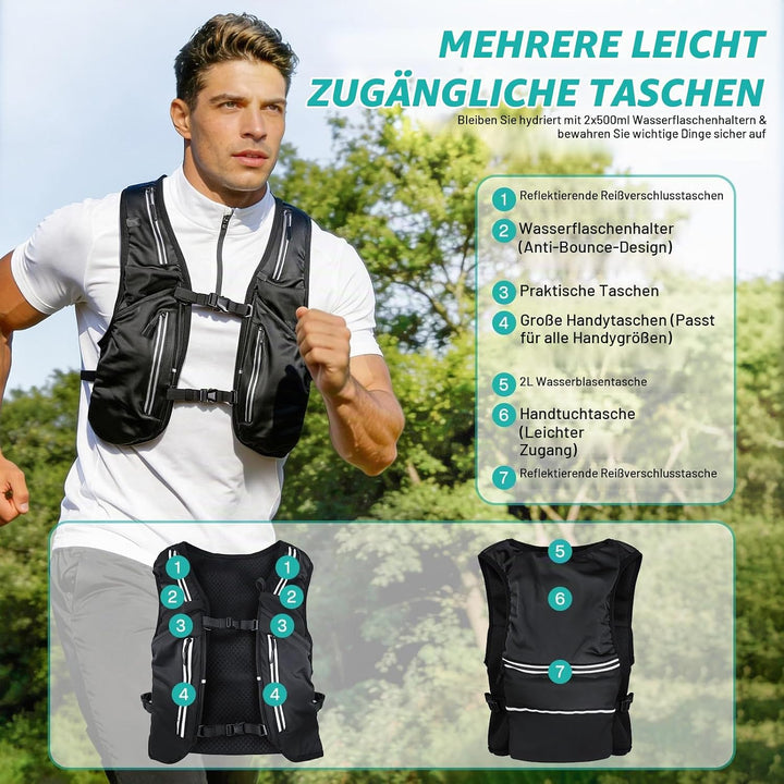 Nextyu Laufweste Damen &amp; Herren, Trinkrucksack mit 2 500ML Trinkflaschenfächern &amp; Grosse Handytasche