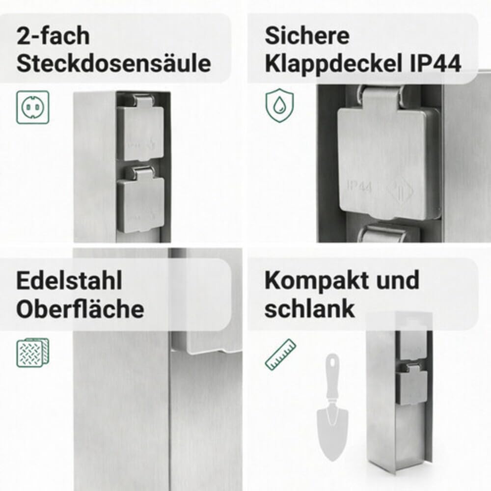 LED Universum Gartensteckdose aus Edelstahl, IP44 für aussen, 23cm (Silber 2-fach), Silber 2-fach