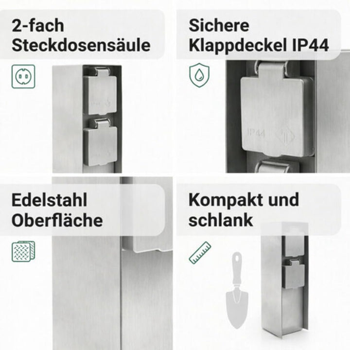 LED Universum Gartensteckdose aus Edelstahl, IP44 für aussen, 23cm (Silber 2-fach), Silber 2-fach