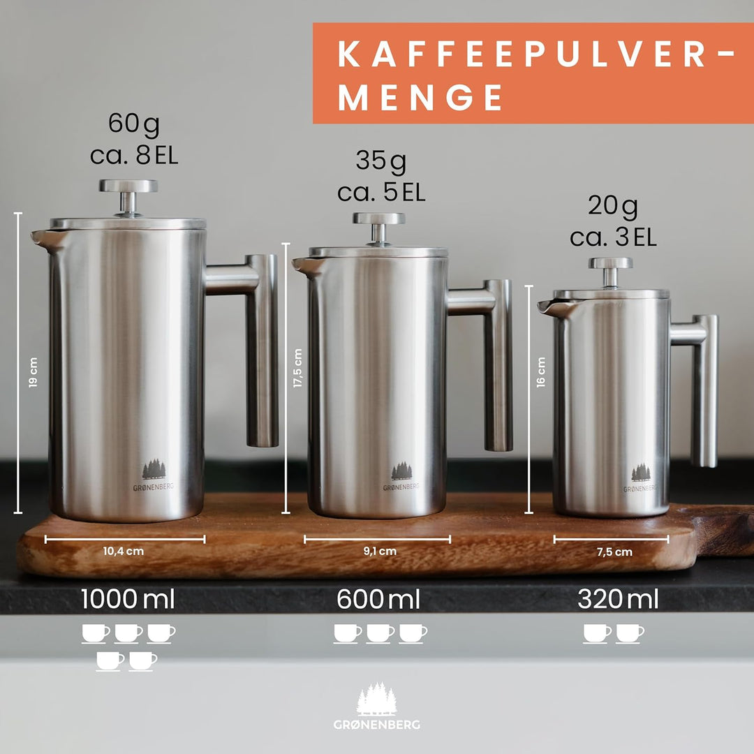 Groenenberg French Press aus Edelstahl | 0,6 Liter (3 Tassen) | Erhältlich in 3 Grössen | Thermo Kaf
