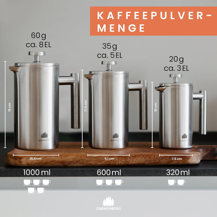 Groenenberg French Press aus Edelstahl | 1 Liter (5 Tassen) | Erhältlich in 3 Grössen | Thermo Kaffe