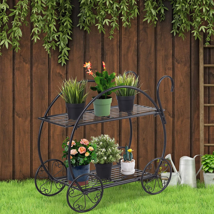 HOMASIS Metall-Pflanzenregal, Einzigartiger & filigraner Blumenständer für draussen, 2-stufiger schm