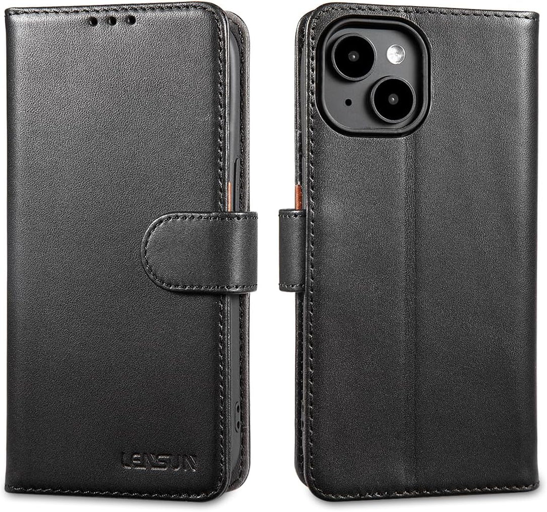 LENSUN Echtleder Hülle für iPhone 15, Handyhülle [Echtes Leder][Magnetverschluss][RFID Schutz] Handy