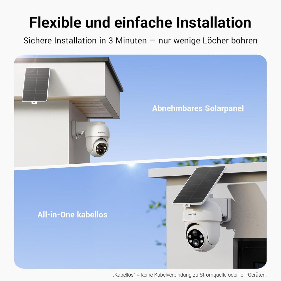 ANSQUE Überwachungskamera Aussen Solar Akku, 2er Set mit AnsqueBase, Ohne Abonnement, 32GB Lokalspei