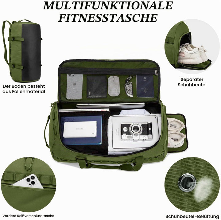 TAIHOYIN Sporttasche &amp; Reisetasche 60L Gross Trainingstasche Herren Damen mit Schuhfach &amp; Rucksack-F