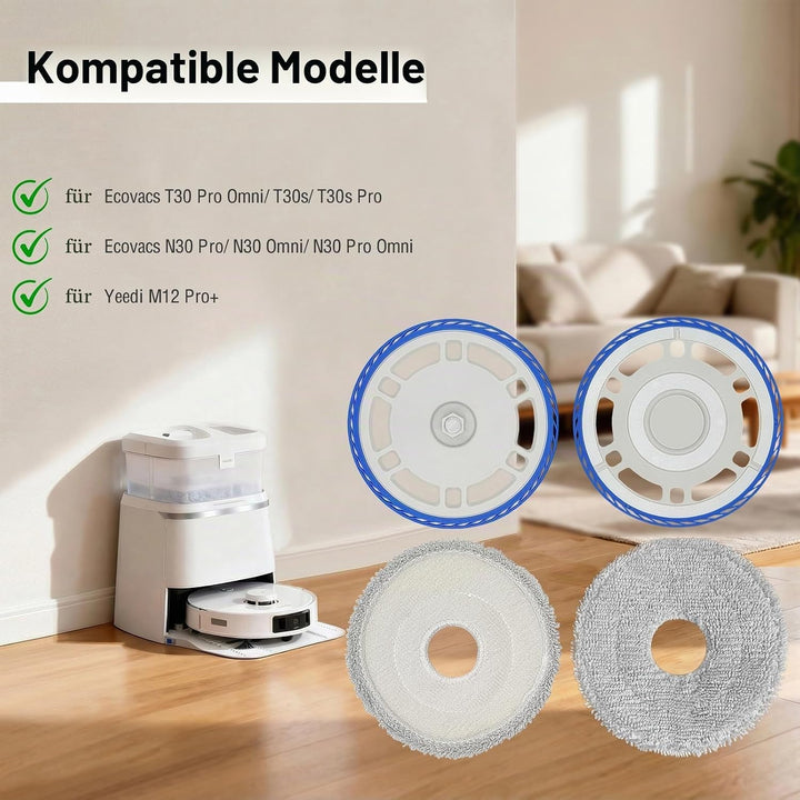 4 Wischtücher mit 2 Ersatzhalterung Zubehör für Ecovacs Deebot T30 Pro Omni/ T30s/ T30s Pro/ N30 Pro