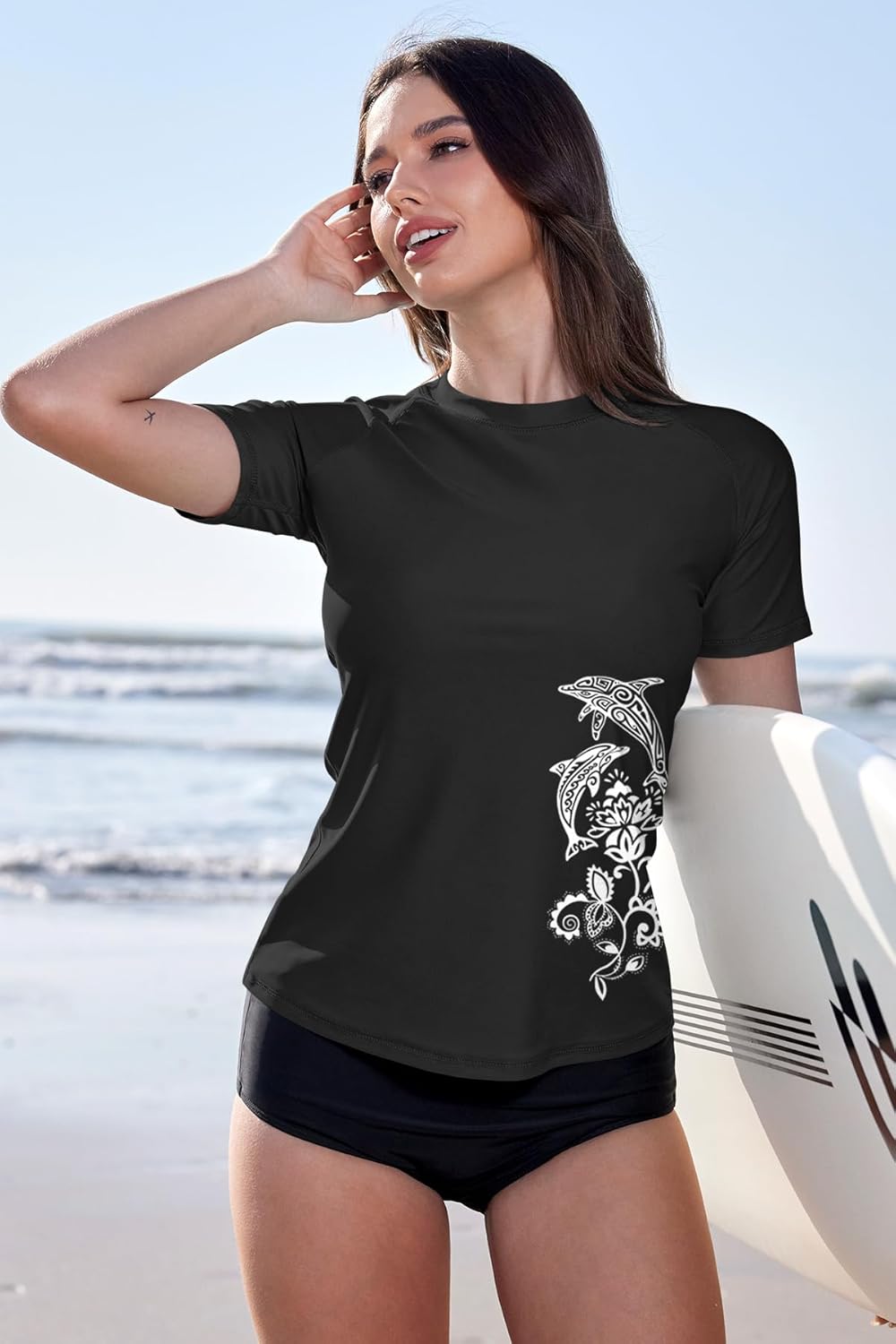 BesserBay Damen Rash Guard Shirt UPF 50+ Rundhals Kurzarm Schnelltrocknend Badeshirt S-XXL M 5 Schwa