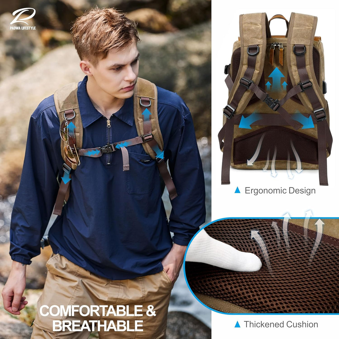 Padwa Lifestyle Khaki Kamerarucksack - wetterfeste Kameratasche aus gewachstem Memory Canvas mit 16“