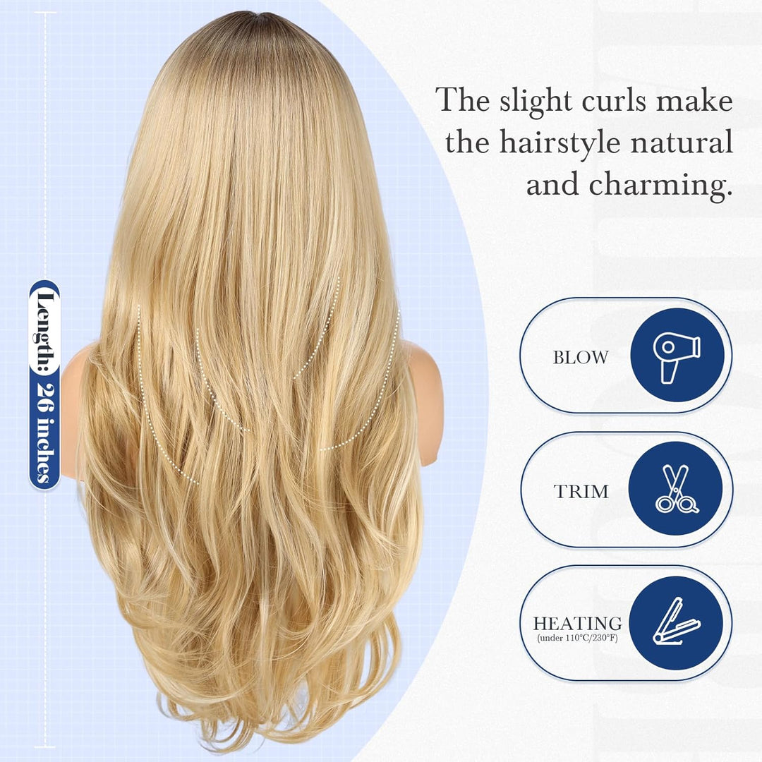 HAIRCUBE Lange blonde Perücke mit Pony, geschichtete lockige Perücken für Frauen, natürliche synthet