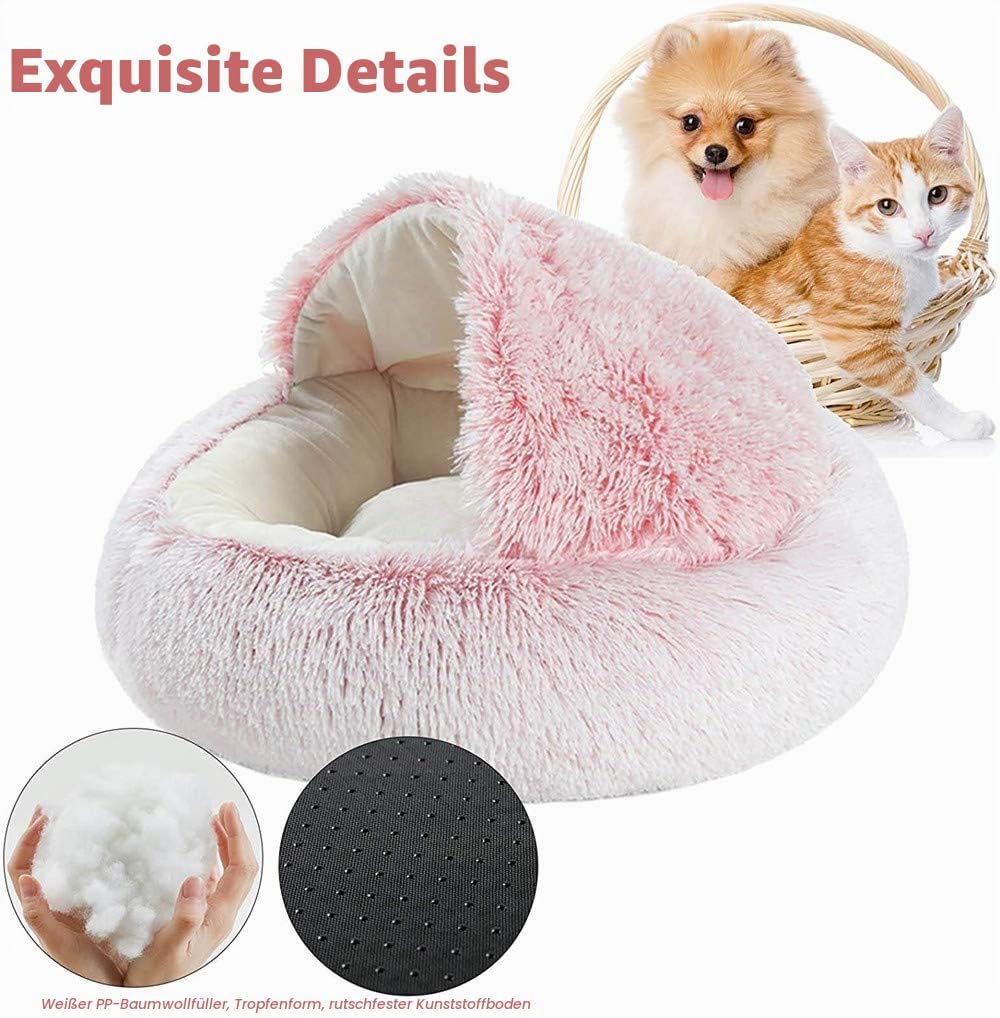 Flauschiges Katzenbett, rund, weiches Plüsch, Höhle mit Kapuze, für den Winter, warm, Schlafkissen,