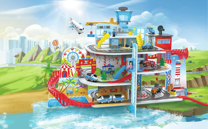 Hape Mega City Eisenbahn Set mit fünf Stockwerken und jeder Menge Zubehör