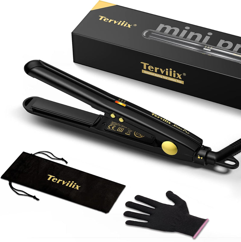 Terviiix Tragbarer Reise-Mini-Haarglätter für kurzes Haar, 1/2 Zoll kleiner Haarglätter, mit Tasche