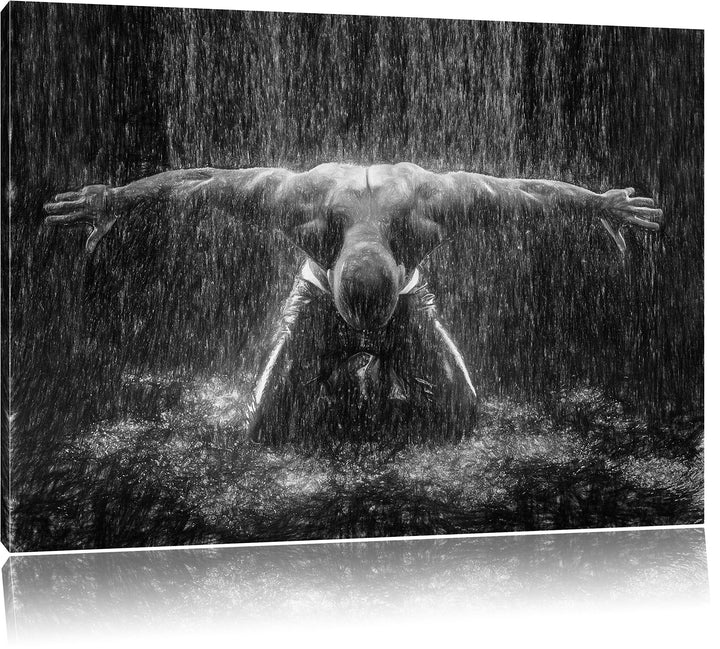 Pixxprint Bodybuilder im Regen Kunst Buntstift Effekt, Format: 100x70 auf Leinwand, 100x70