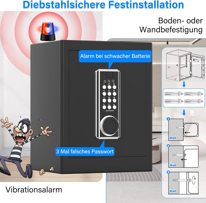 45L Grosser Feuerfester Tresor Safe mit Feuersichere Dokumententasche, Digitaler Möbeltresore mit 2