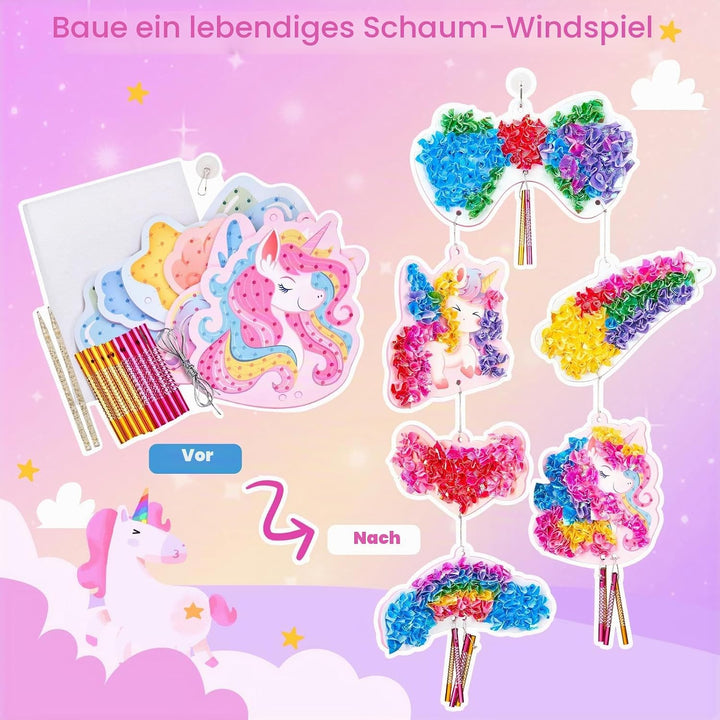 JoyCat Poke Art Basteln Kinder, Einhorn-Windspiel, Bastelset Kinder ab 3 Jahre, DIY Bastelset mit 6